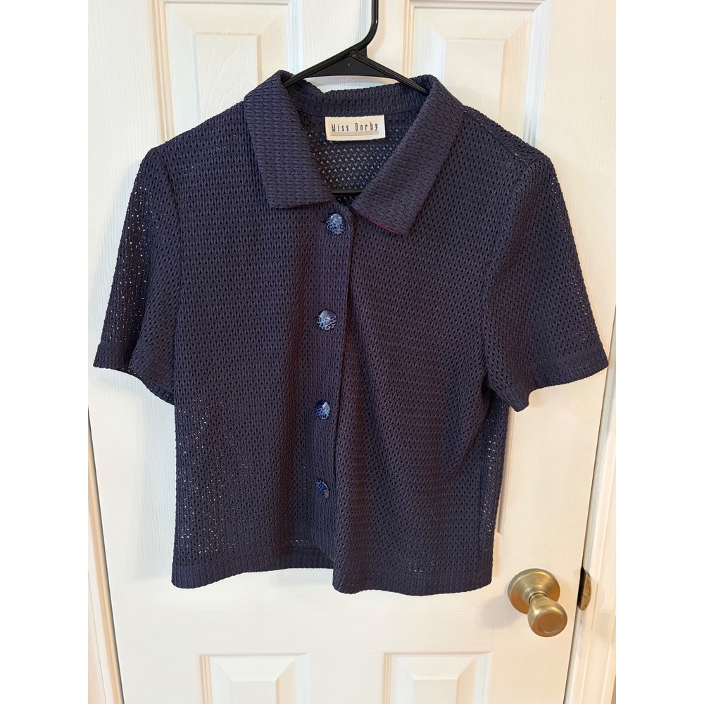Miss Dorby Top Women OS Navy Blue Vintage Open Knit Button Up Short Sleeve